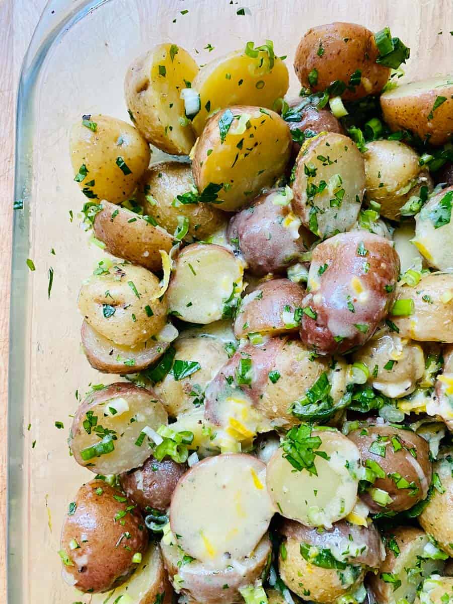 Close up of lemon and herb potato salad