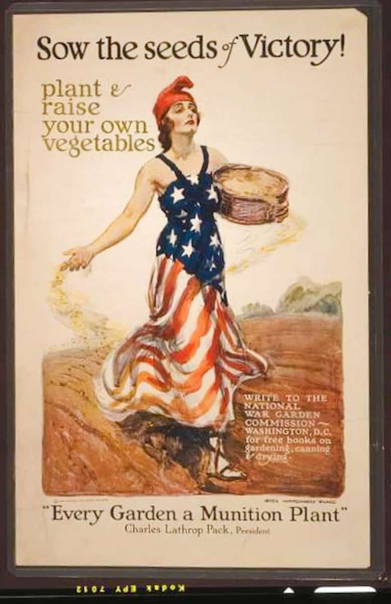 World War 2 poster depicting an attractive woman in an American flag dress sowing seeds in a field