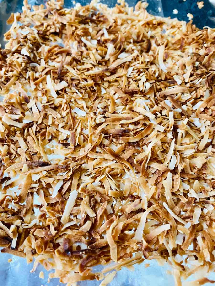 A pile of toasted shredded coconut flakes