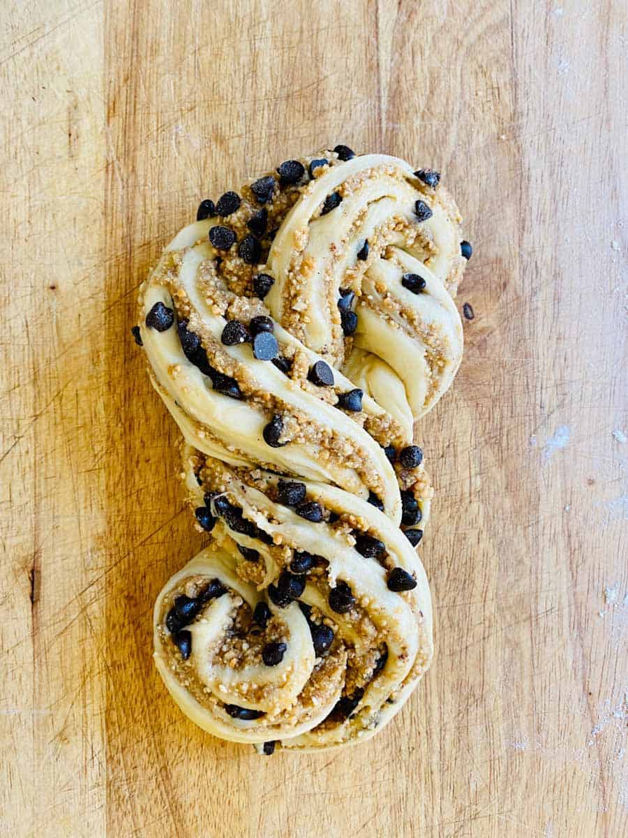 Babka dough twisted and ready to be baked.