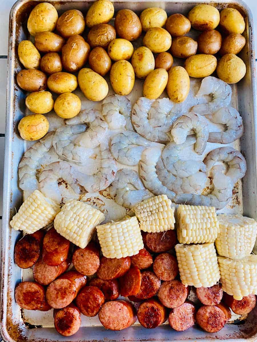 Shrimp Boil on a sheet pan about to go into the oven.