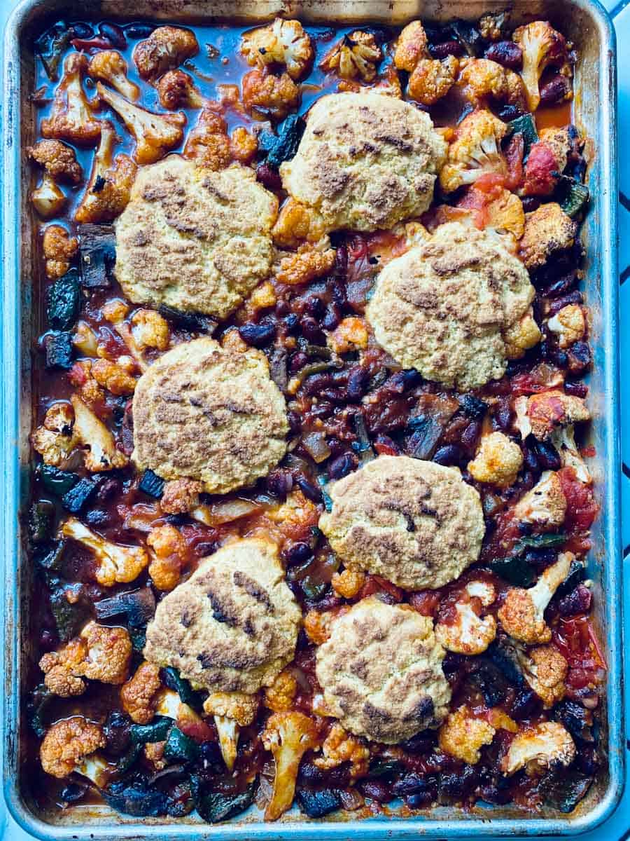 Sheet Pan Vegetarian Chili with cornbread biscuits.