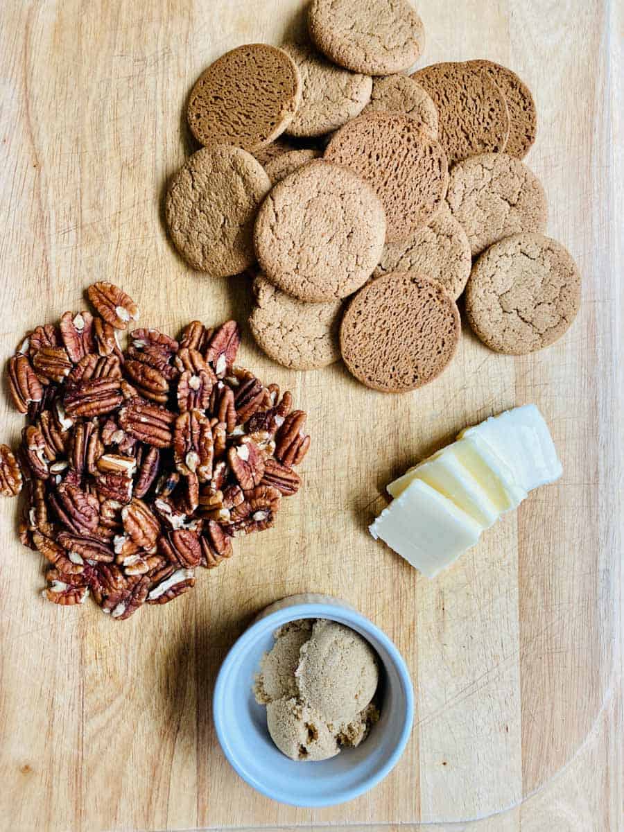 Gingersnaps, pecans, butter, and brown sugar for the cookie crust.