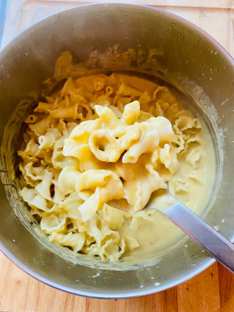 Creamy and dairy-free pumpkin alfredo with campanelle pasta.