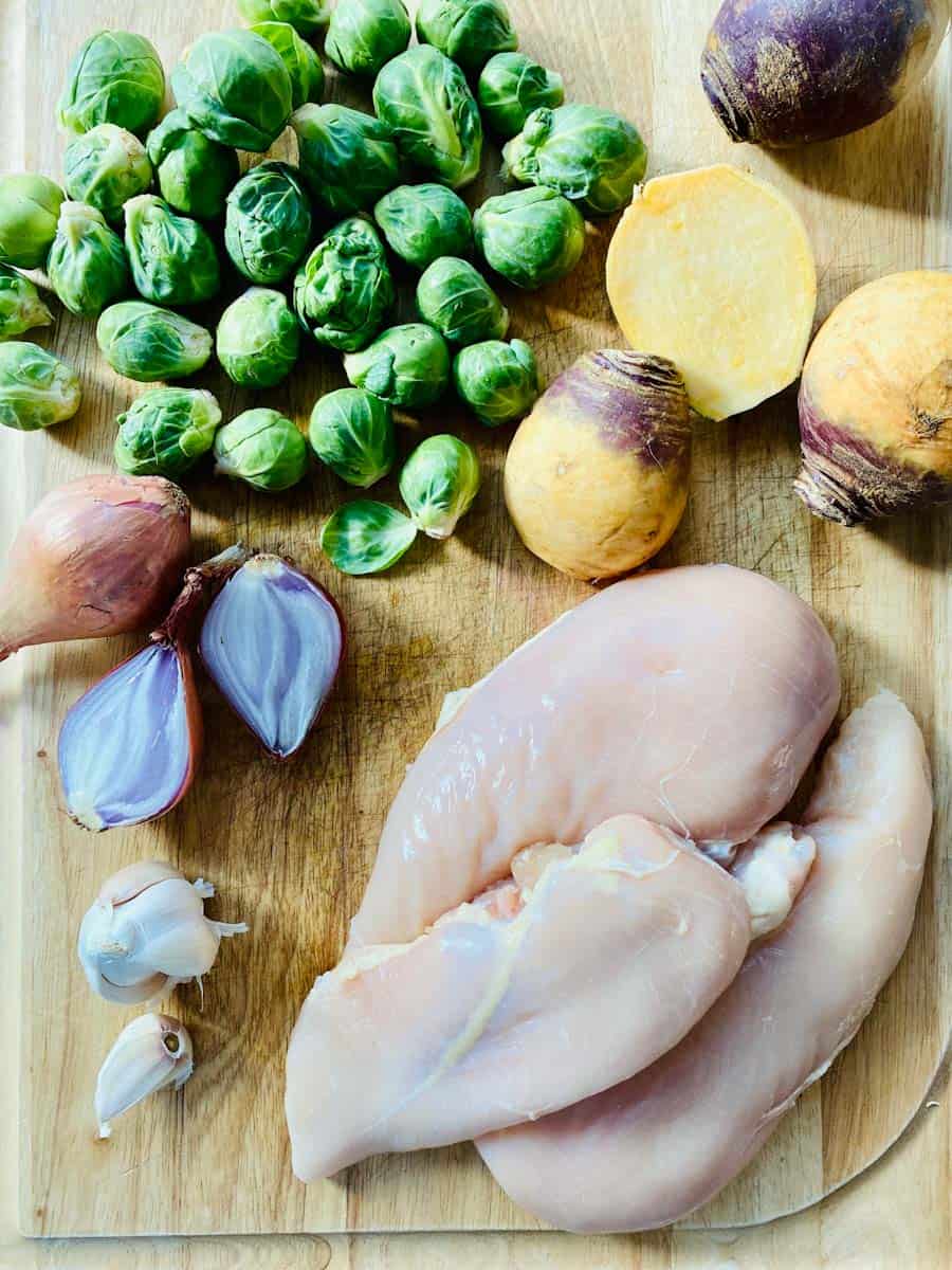 Brussels sprouts, rutabagas, chicken breasts, garlic, and shallots. 