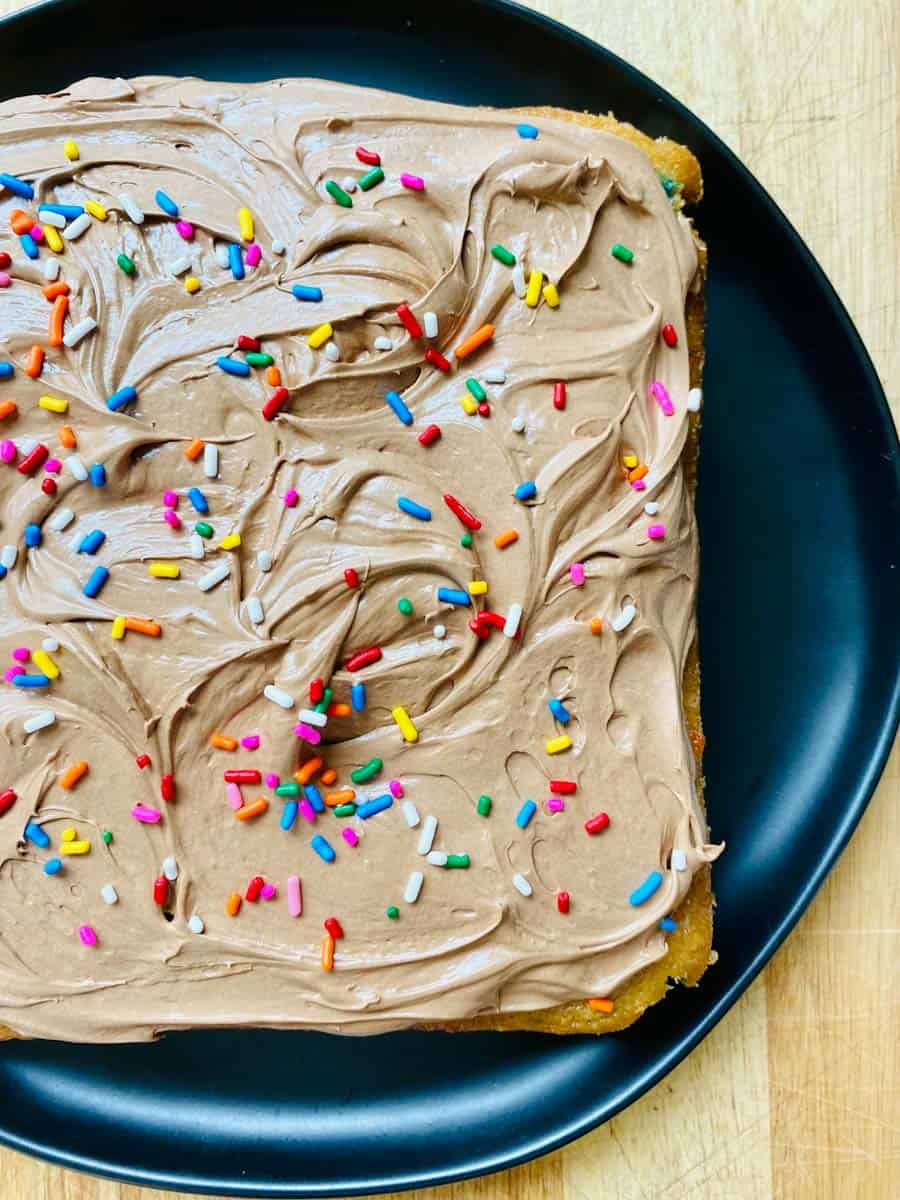 Eggless Sprinkle Snacking Cake with Chocolate Fluff Frosting.