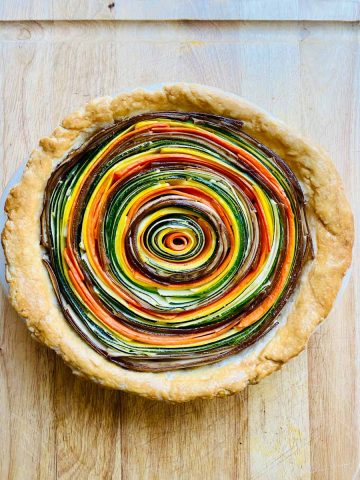 Spiral vegetable pie, baked and looking beautiful.