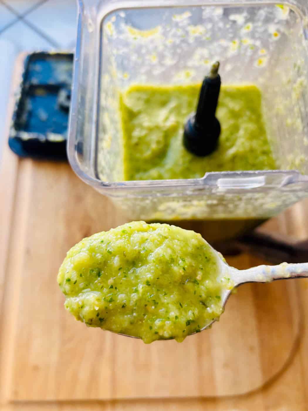 A spoonful of dill pickle salsa.
