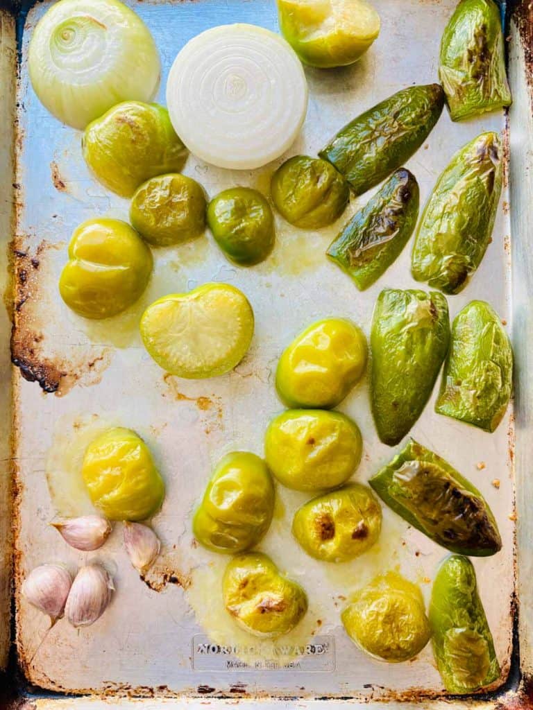 Oven charred veggies on a sheet pan.