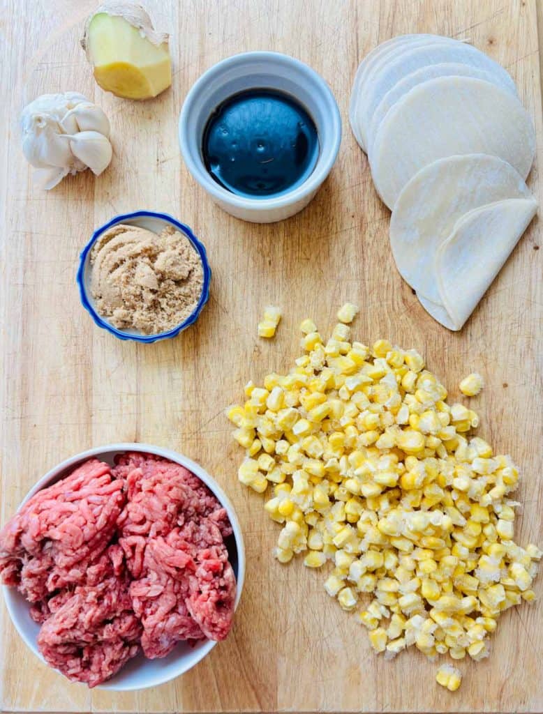 Garlic, ginger, brown sugar, soy sauce, gyoza wrappers, corn, ground beef.