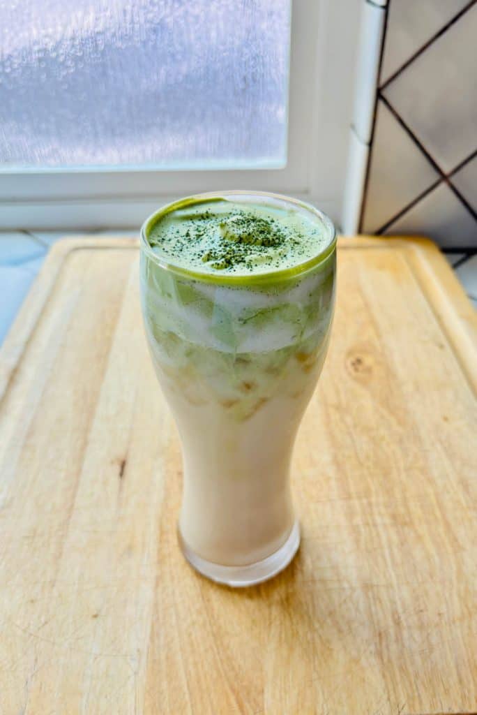 Banana milk with matcha cold foam.