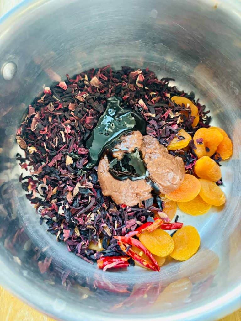 All the ingredients in a saucepan.