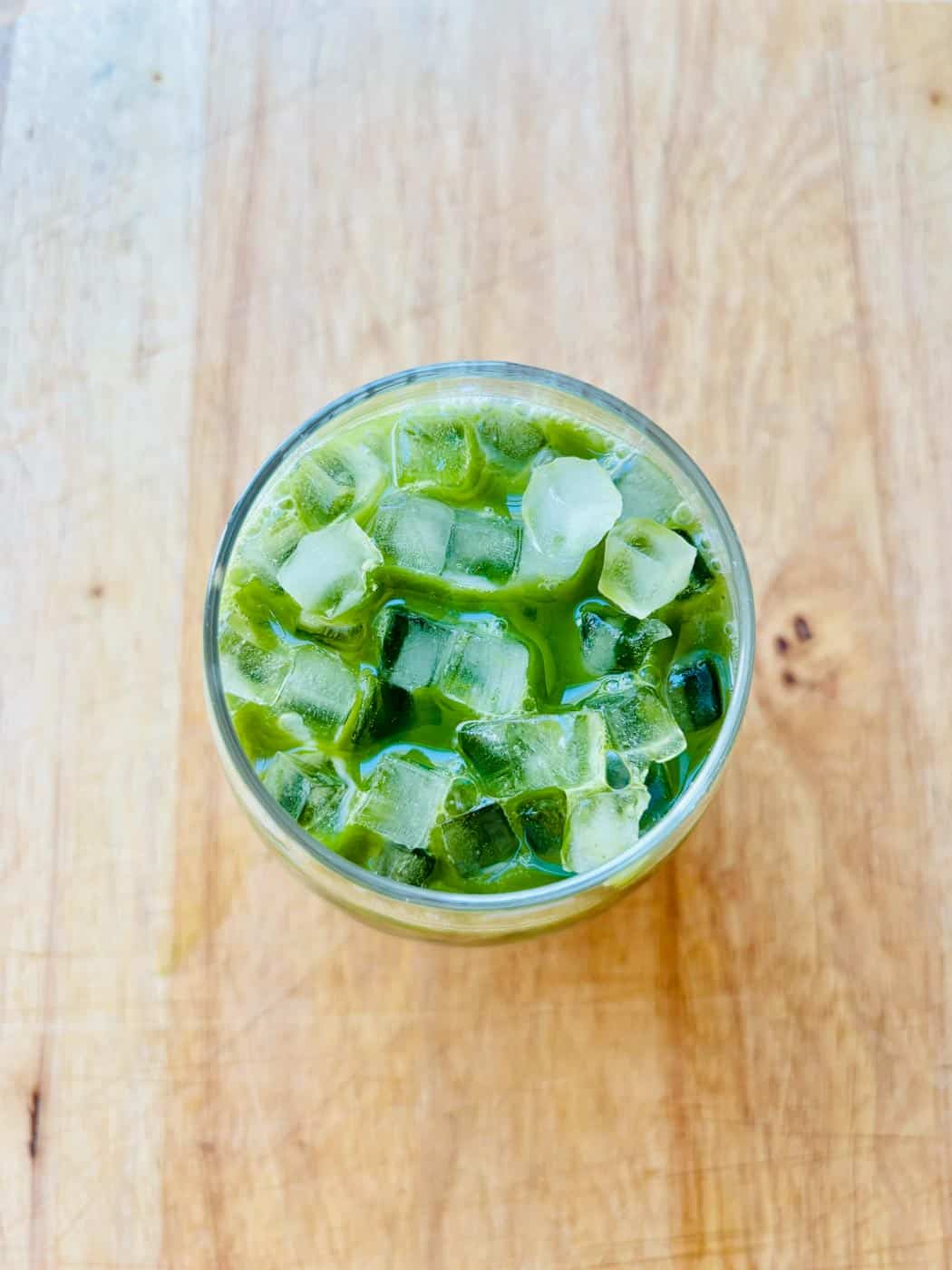 Overhead view of iced matcha horchata.