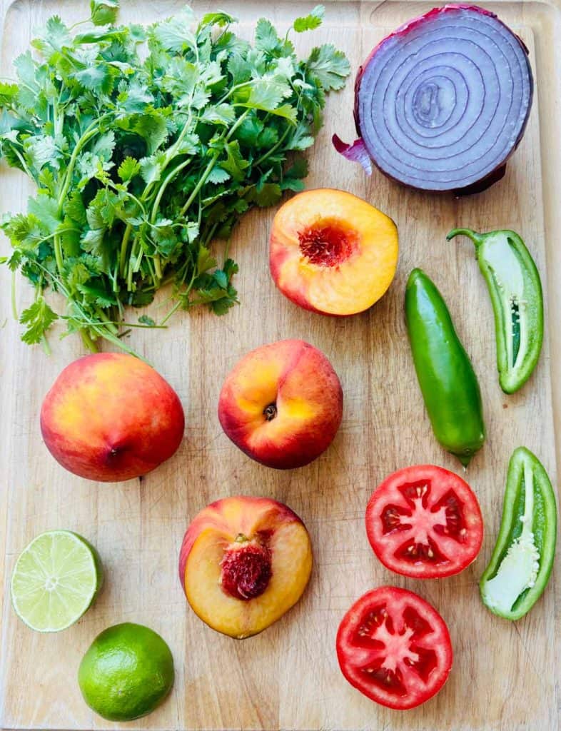 Cilantro, red onion, jalapeno, tomato, peaches, and lime.