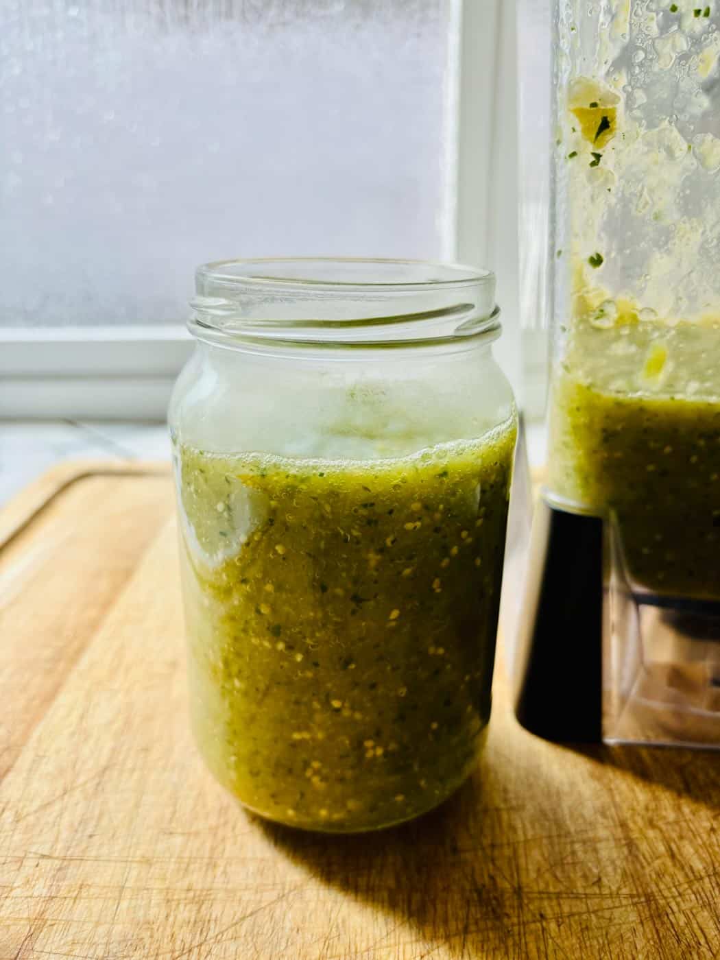 Salsa verde in a mason jar.