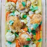 Curry chicken cauliflower bake in a baking dish.